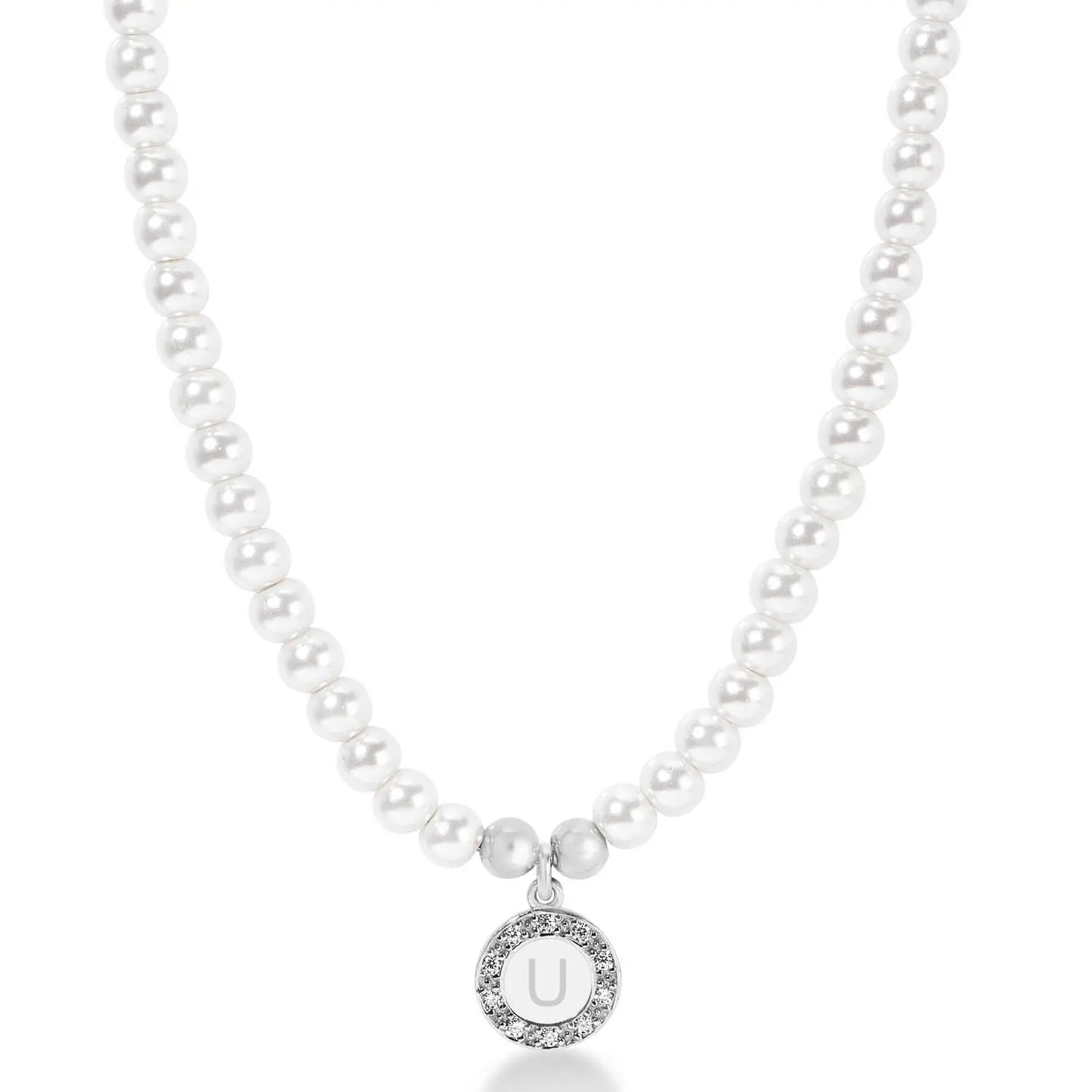 Girocollo Grace in argento 925 placcatura in oro bianco con perle e lettera pendente