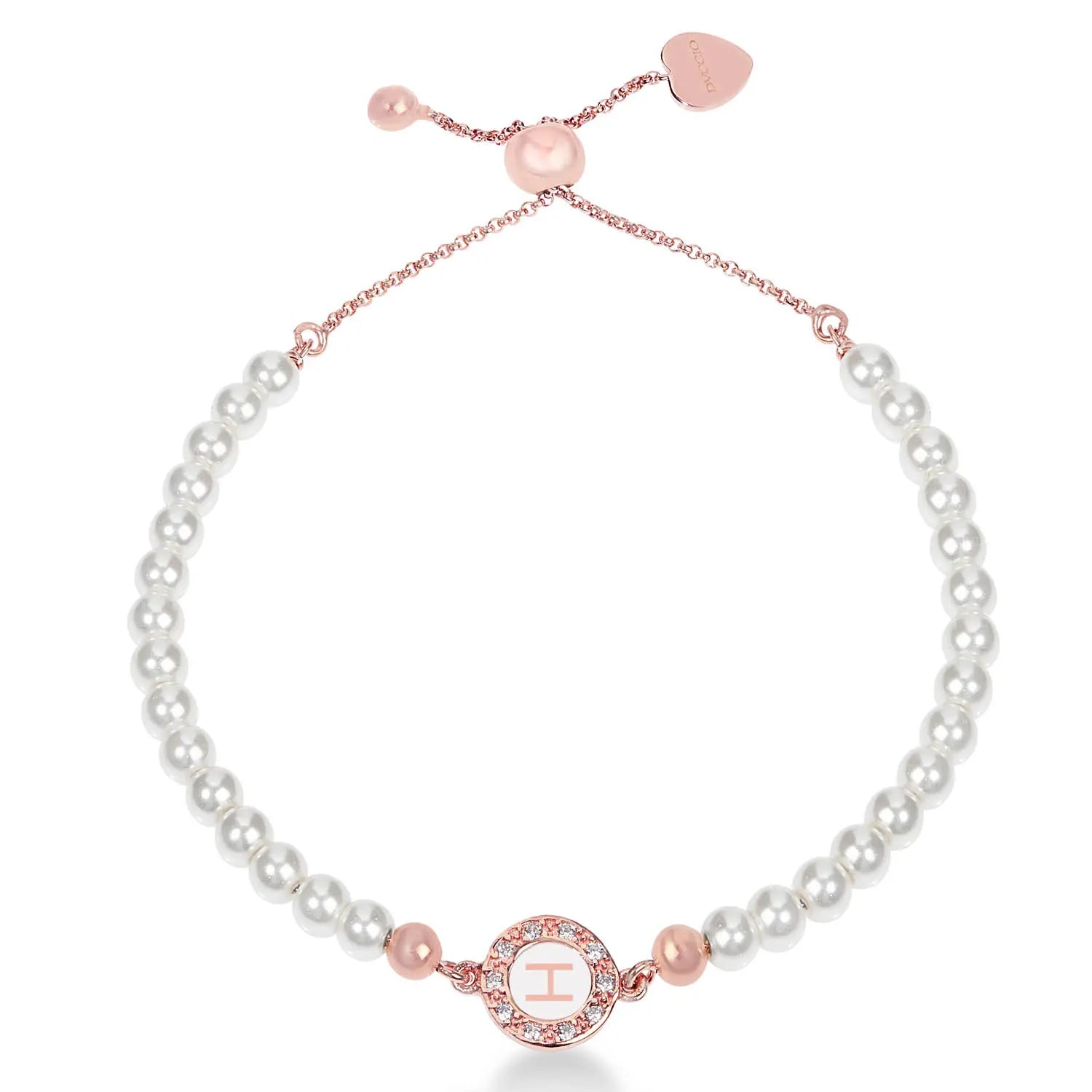 Bracciale Grace in argento 925 placcato in oro rosa regolabile con perle e lettera a seguire