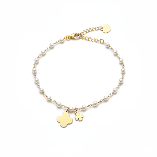 Bracciale Quadrifoglio VIBES in Argento 925 Laminato in Oro 24KT con Perle