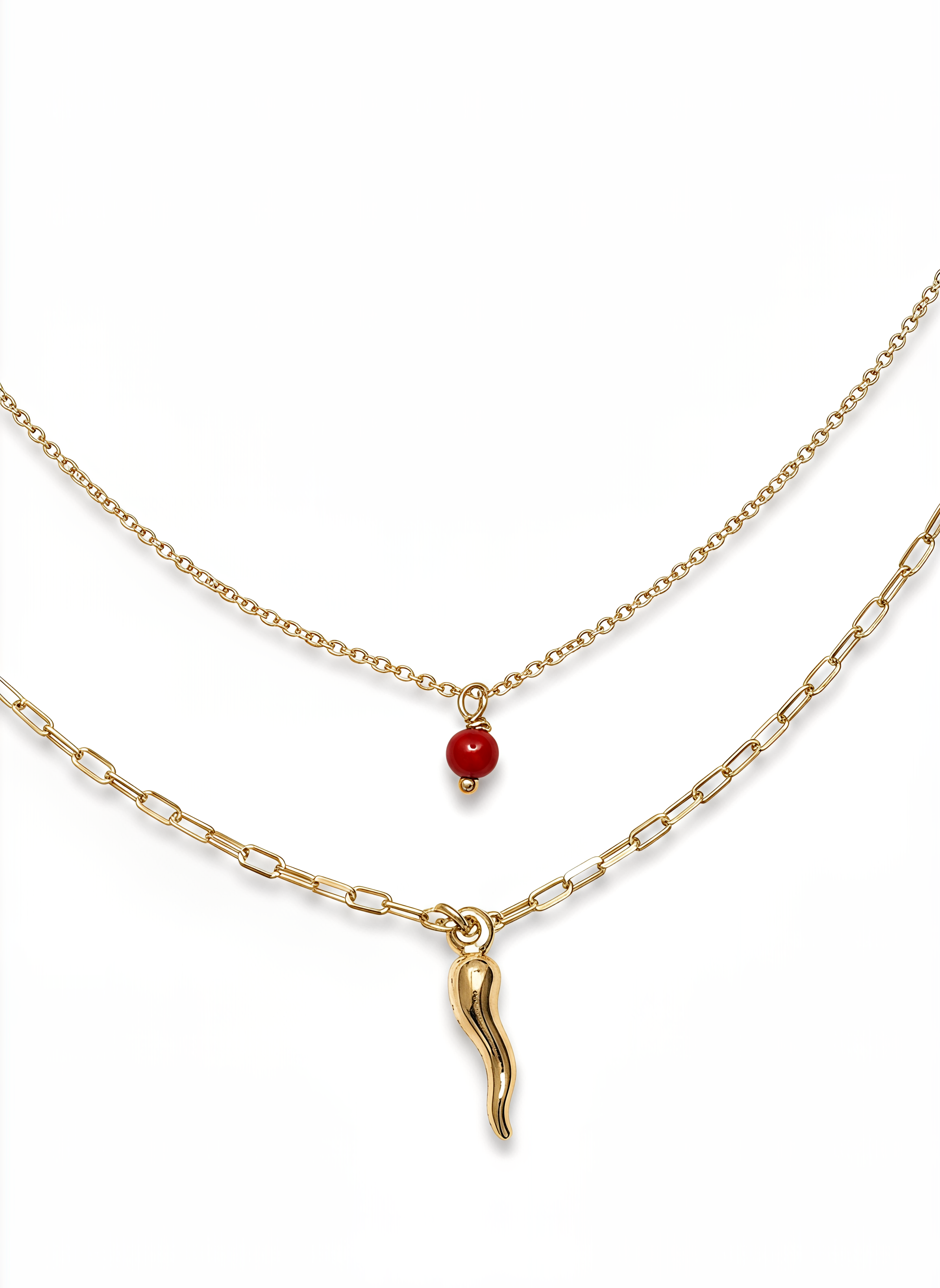 Collana Doppia Catena con Cornetto e Sfera Rossa Chérie Argento 925 Placcata Oro 24KT