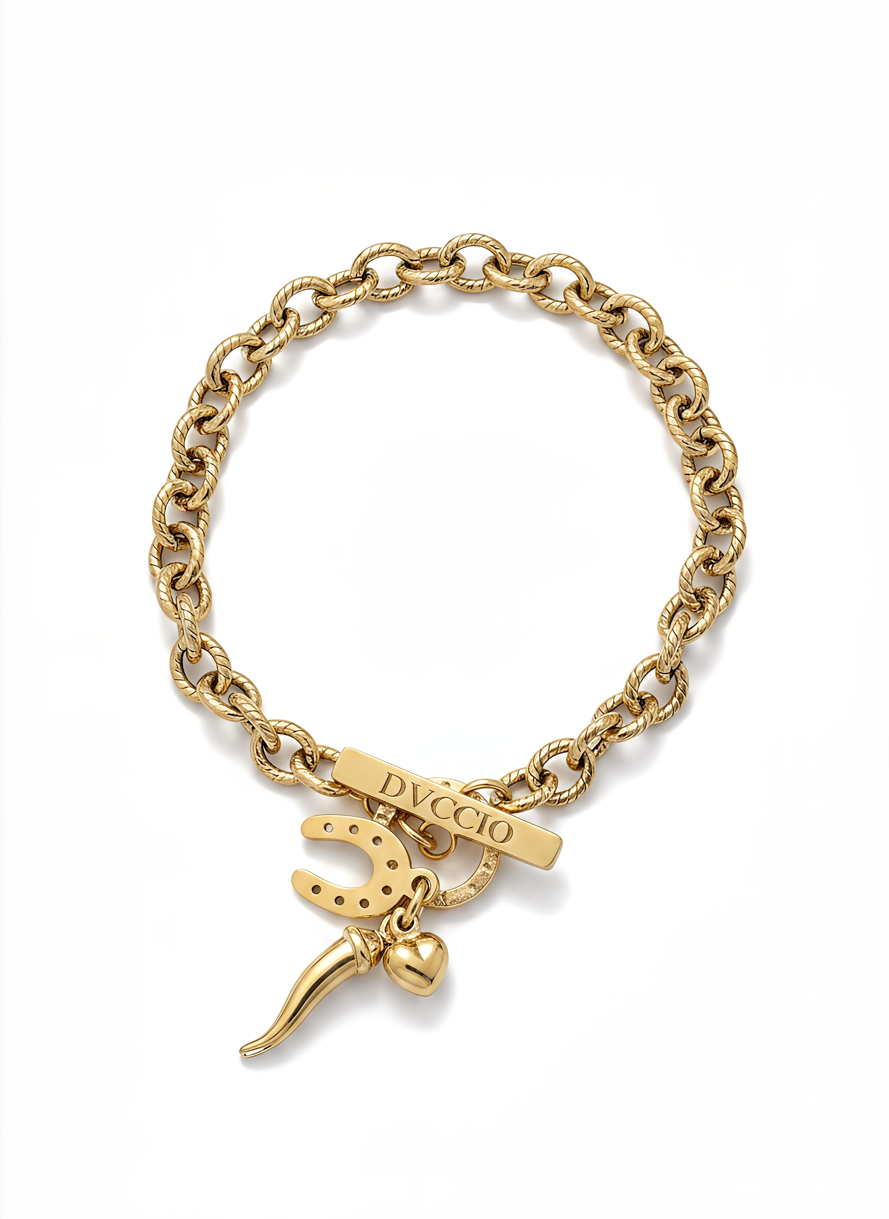 Bracciale a Catena Rolò con Charm Cuore Corno e Ferro di Cavallo Frida Argento 925 Placcata Oro 24KT