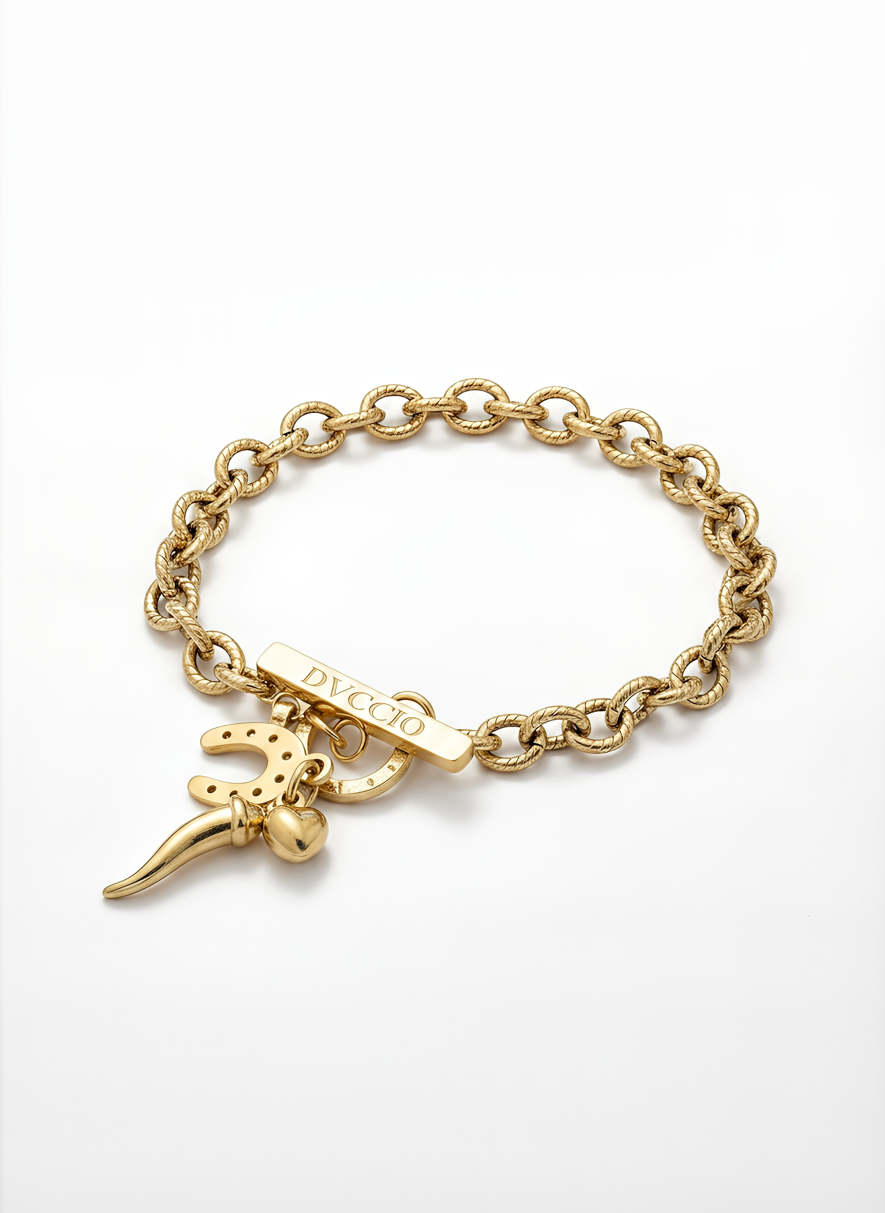 Bracciale a Catena Rolò con Charm Cuore Corno e Ferro di Cavallo Frida Argento 925 Placcata Oro 24KT