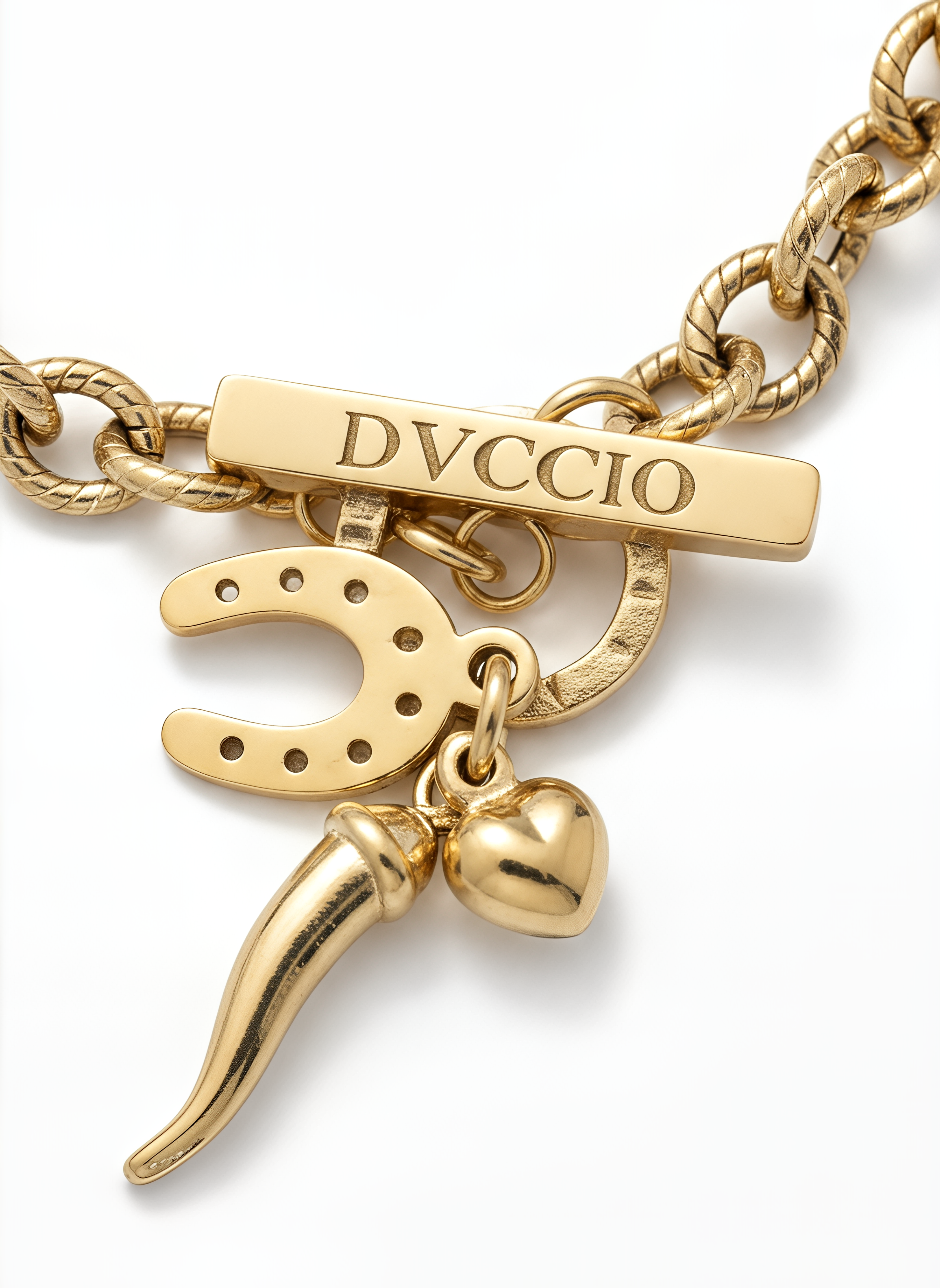 Bracciale a Catena Rolò con Charm Cuore Corno e Ferro di Cavallo Frida Argento 925 Placcata Oro 24KT