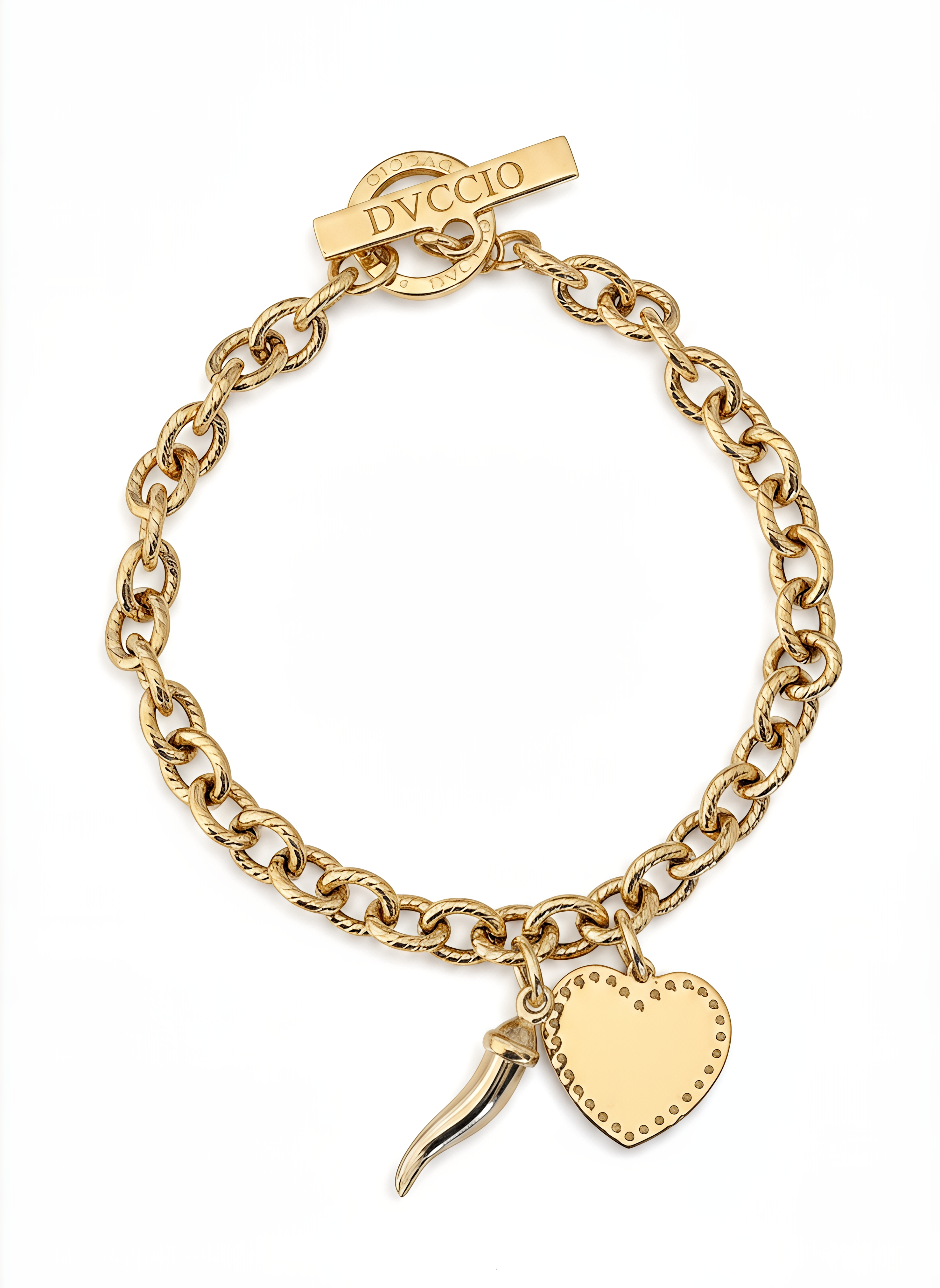 Bracciale a Catena Rolò con Charm Cuore e Corno Frida Argento 925 Placcata Oro 24KT