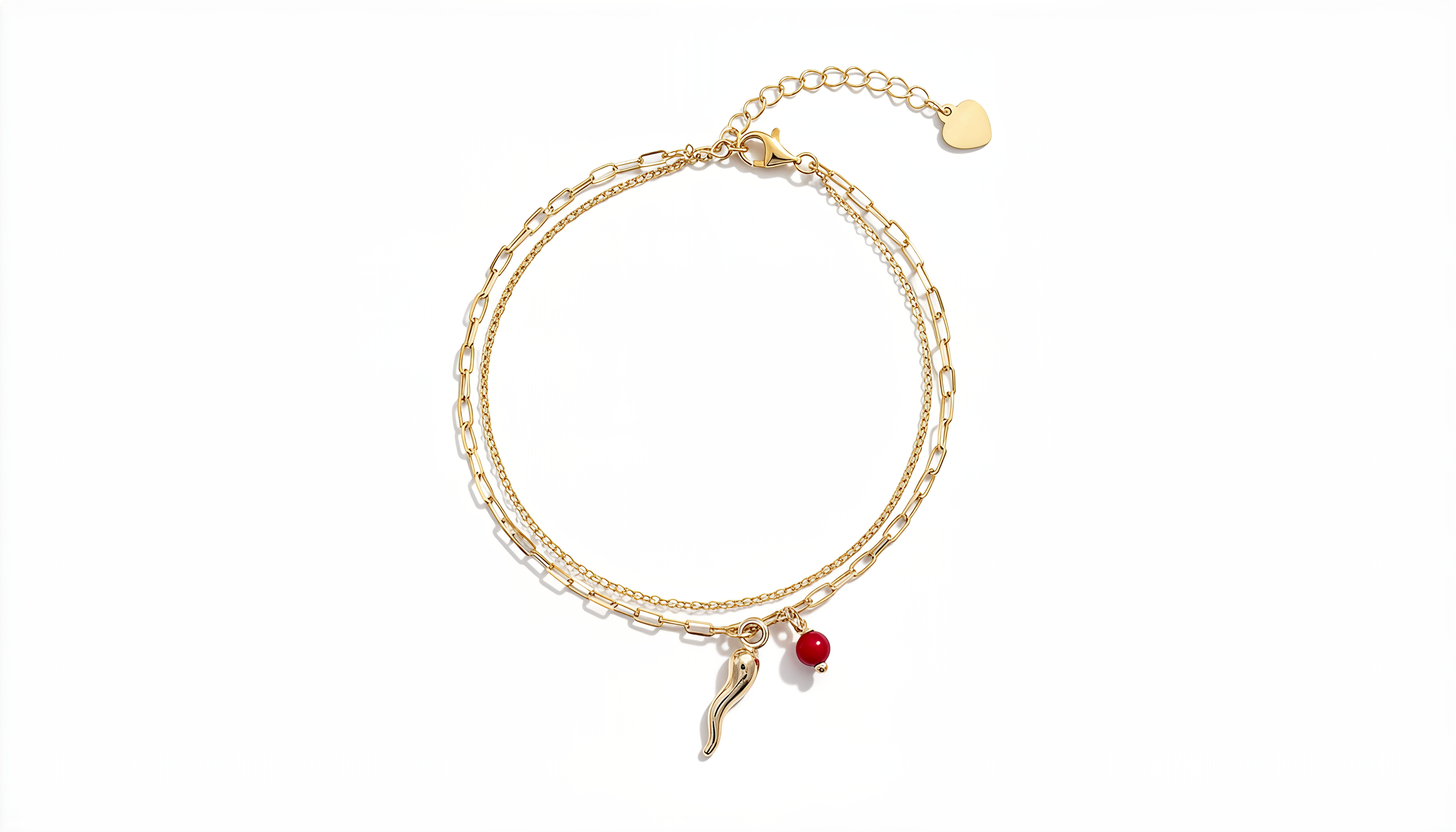 Bracciale Doppia Catena con Cornetto e Sfera Rossa Chérie Argento 925 Placcato Oro 24KT