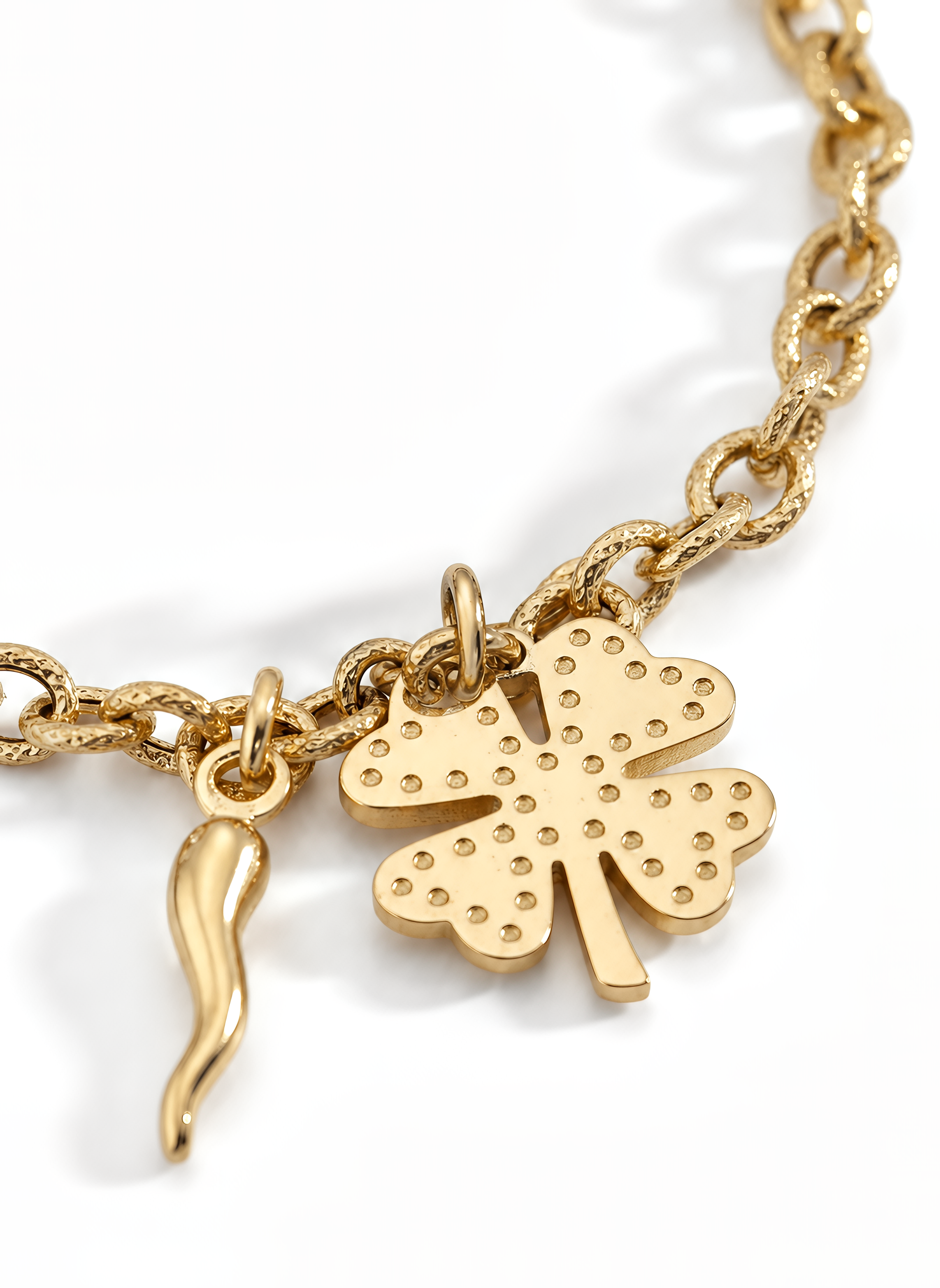 Bracciale a Catena Rolò con Charm Quadrifoglio e Cornetto Piccolo Frida Argento 925 Placcata Oro 24KT