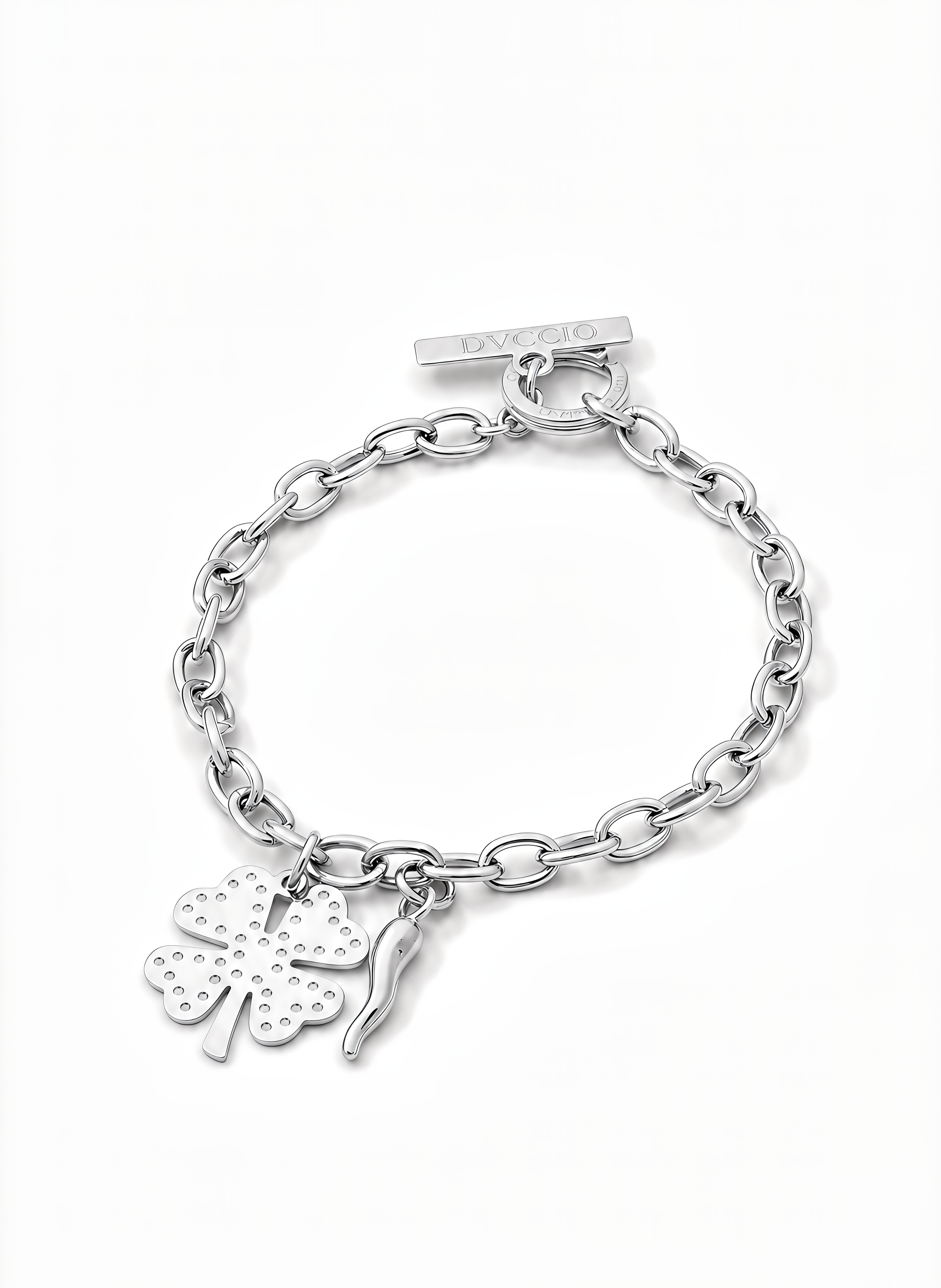 Bracciale a Catena Rolò con Charm Quadrifoglio e Cornetto Frida Argento 925 Placcata Oro 24KT