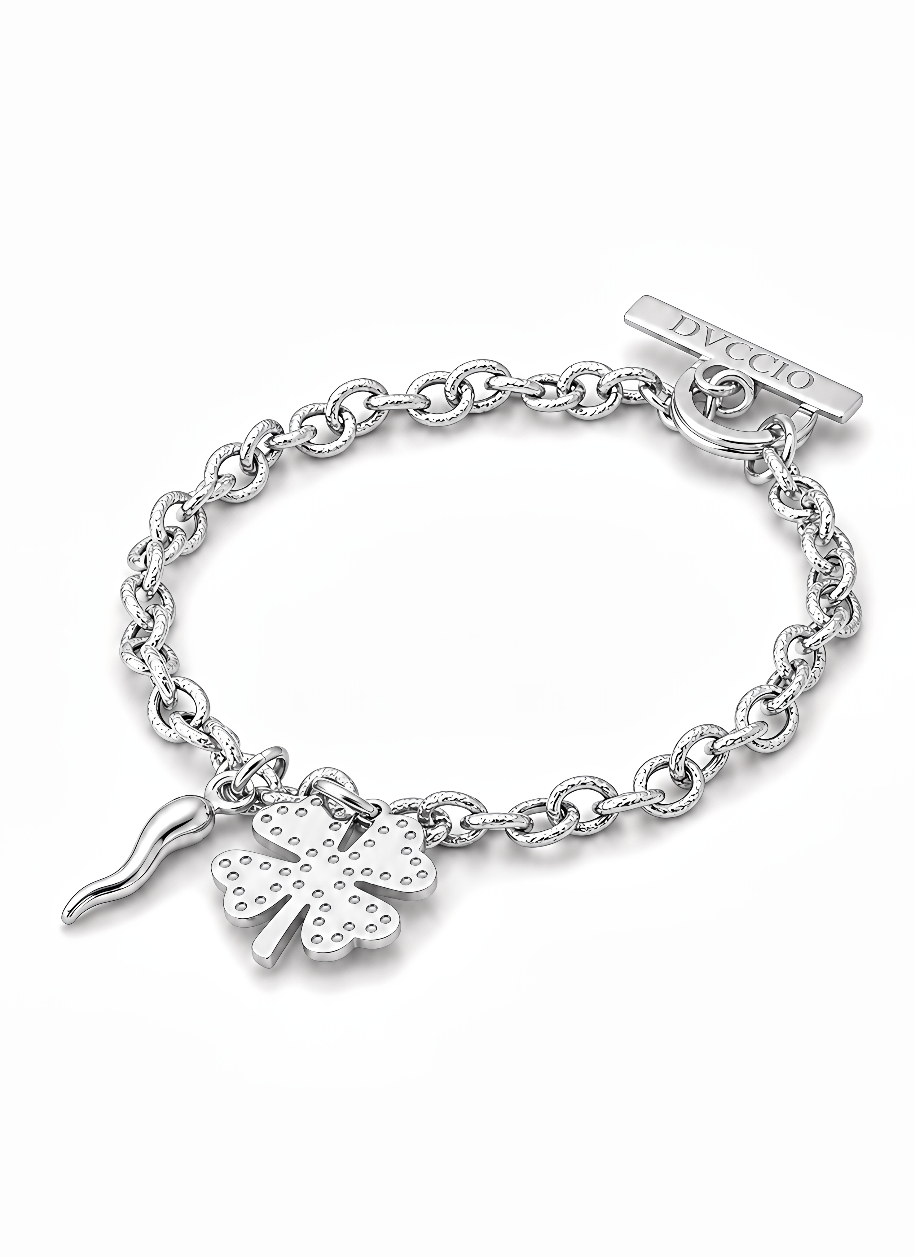 Bracciale a Catena Rolò con Charm Quadrifoglio e Cornetto Piccolo Frida Argento 925 Placcata Oro 24KT