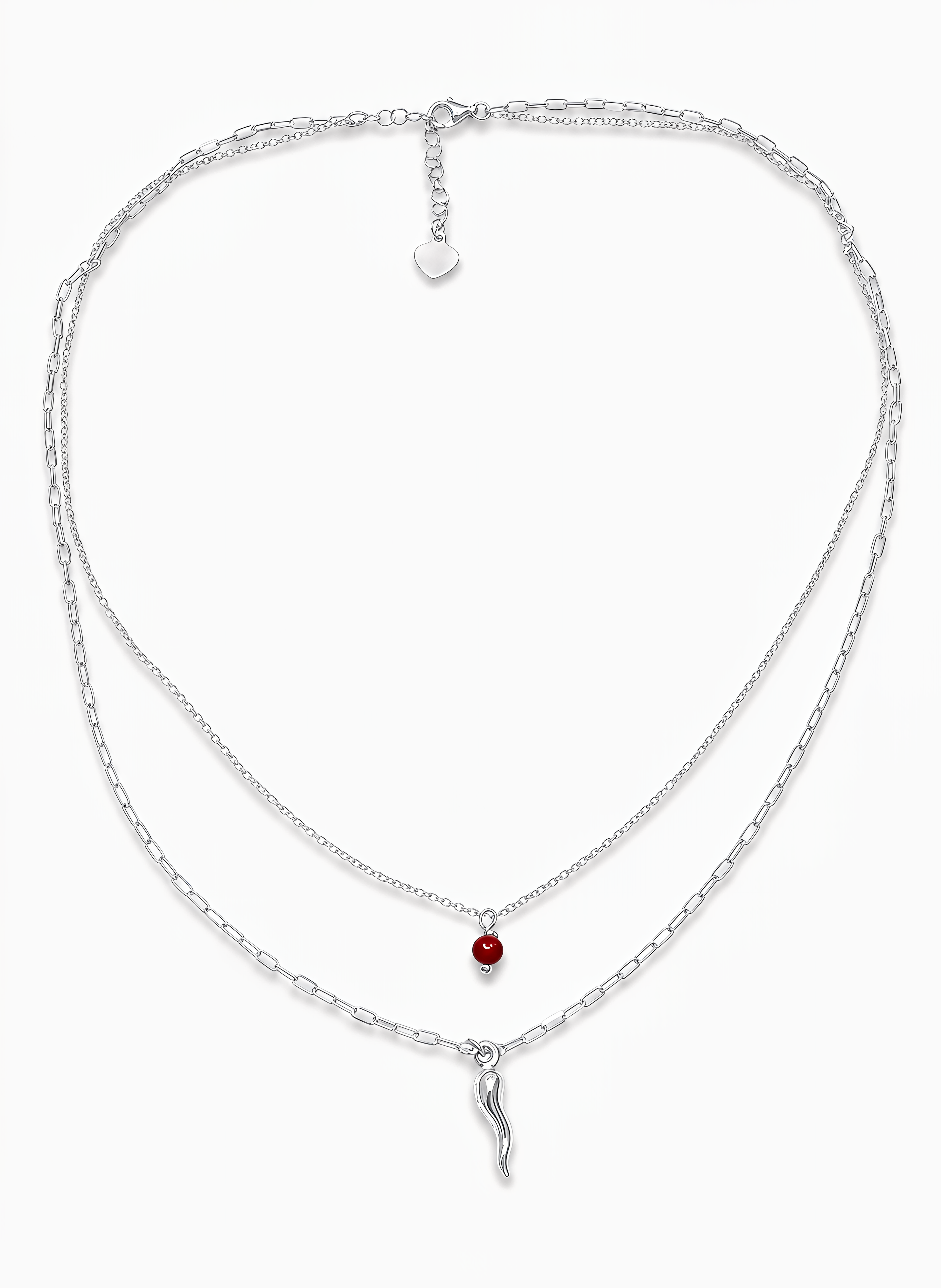 Collana Doppia Catena con Cornetto e Sfera Rossa Chérie Argento 925 Placcata Oro 24KT