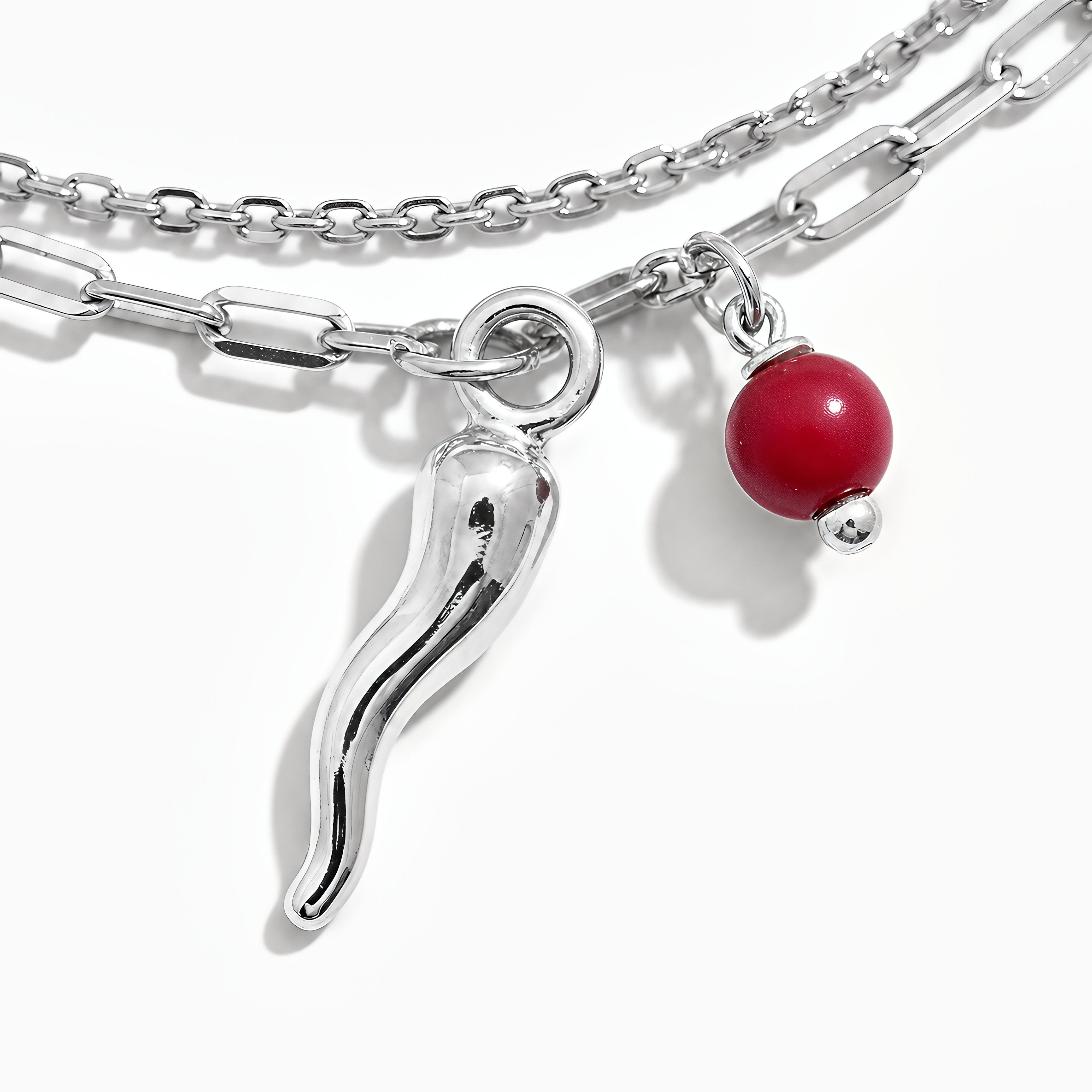 Bracciale Doppia Catena con Cornetto e Sfera Rossa Chérie Argento 925 Placcato Oro 24KT