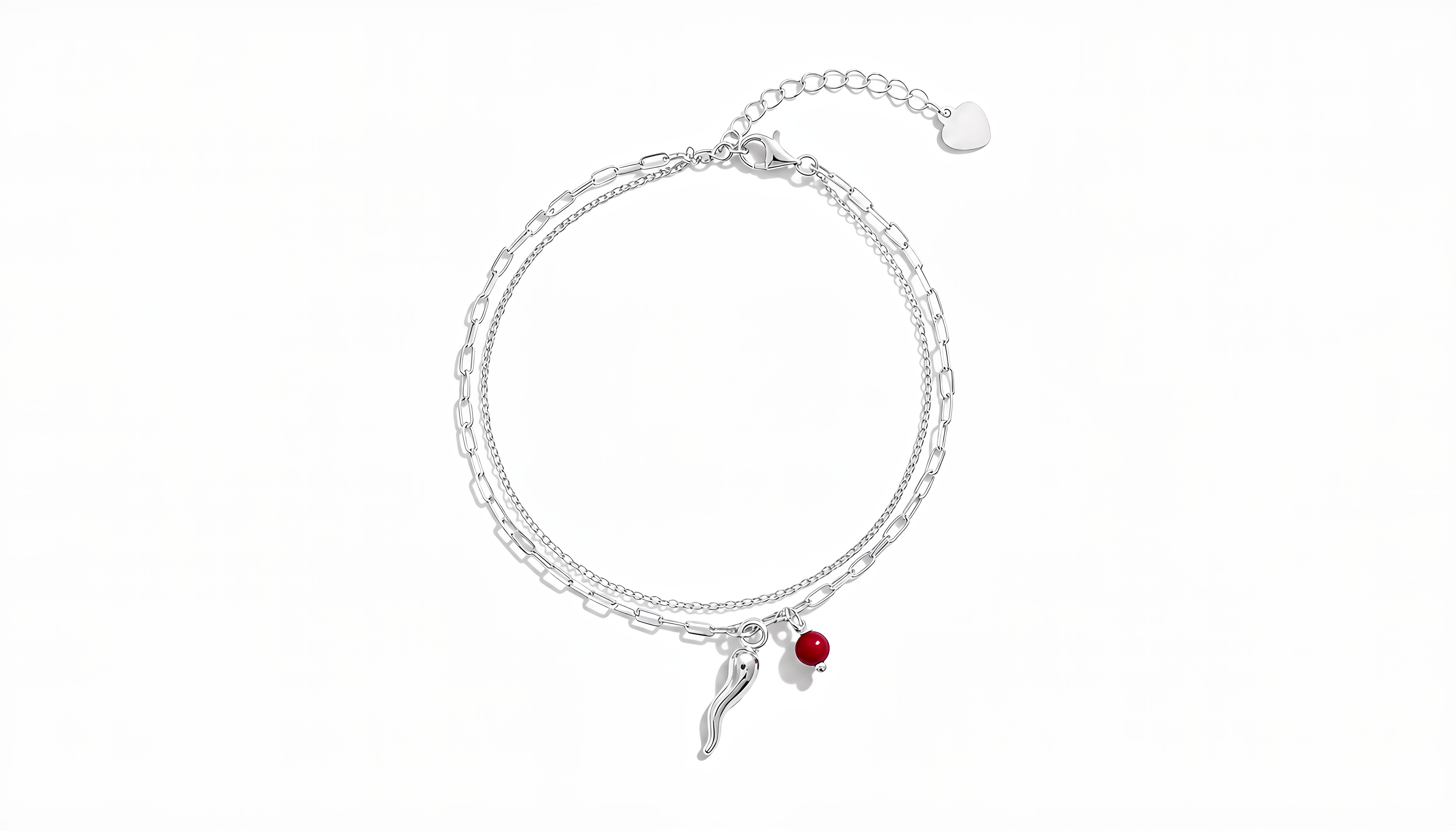 Bracciale Doppia Catena con Cornetto e Sfera Rossa Chérie Argento 925 Placcato Oro 24KT