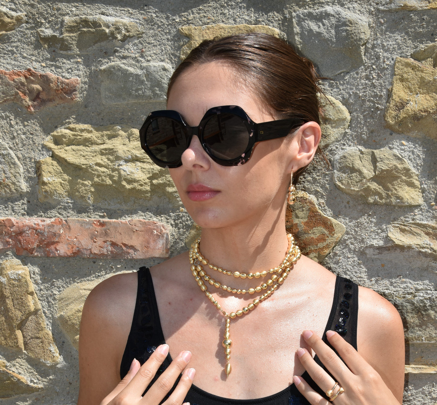 Collana in Argento 925 con laminatura in Oro 24KT a 3 giri con sfere setate e lucide.