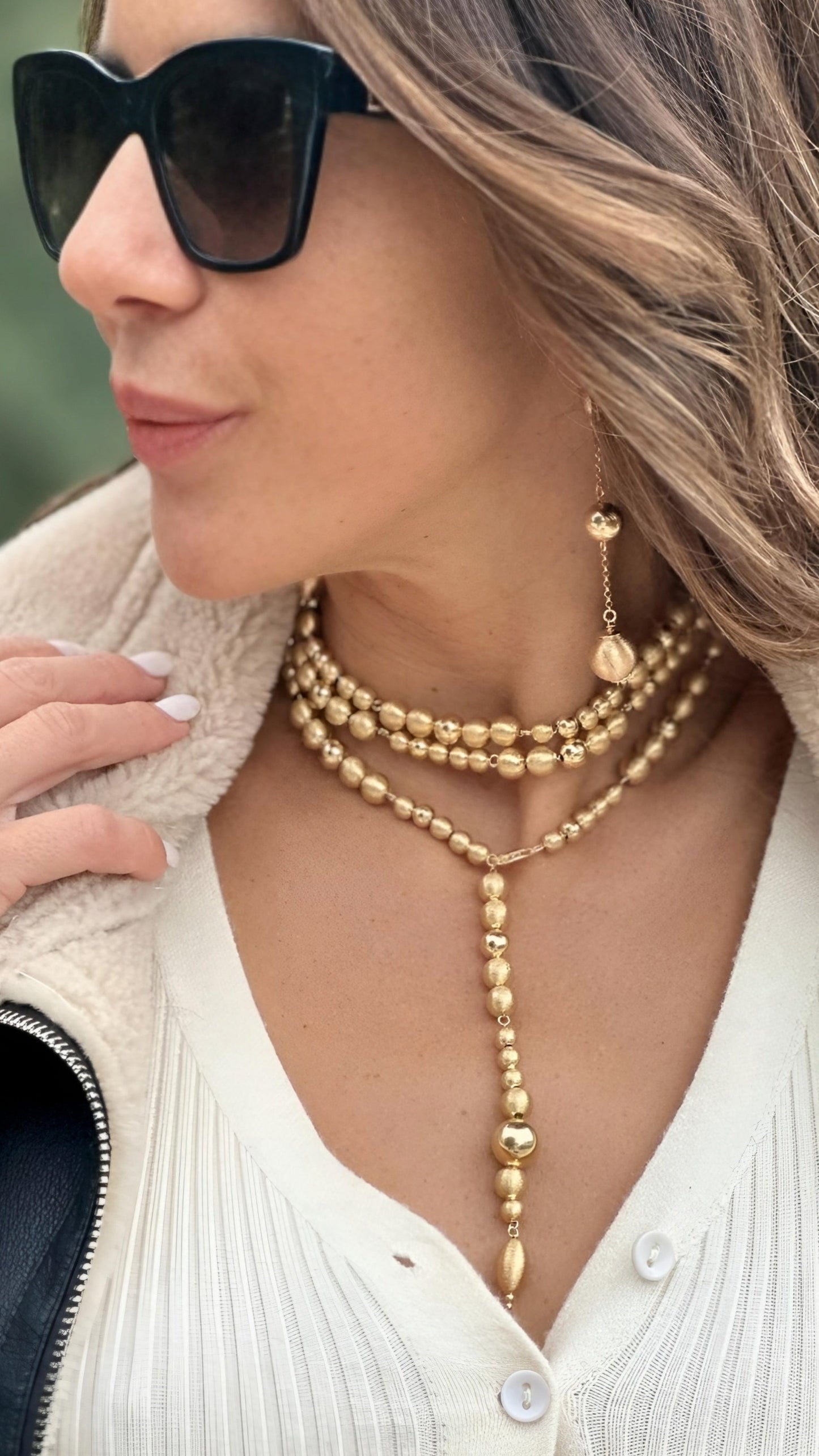 Collana in Argento 925 con laminatura in Oro 24KT a 3 giri con sfere setate e lucide.