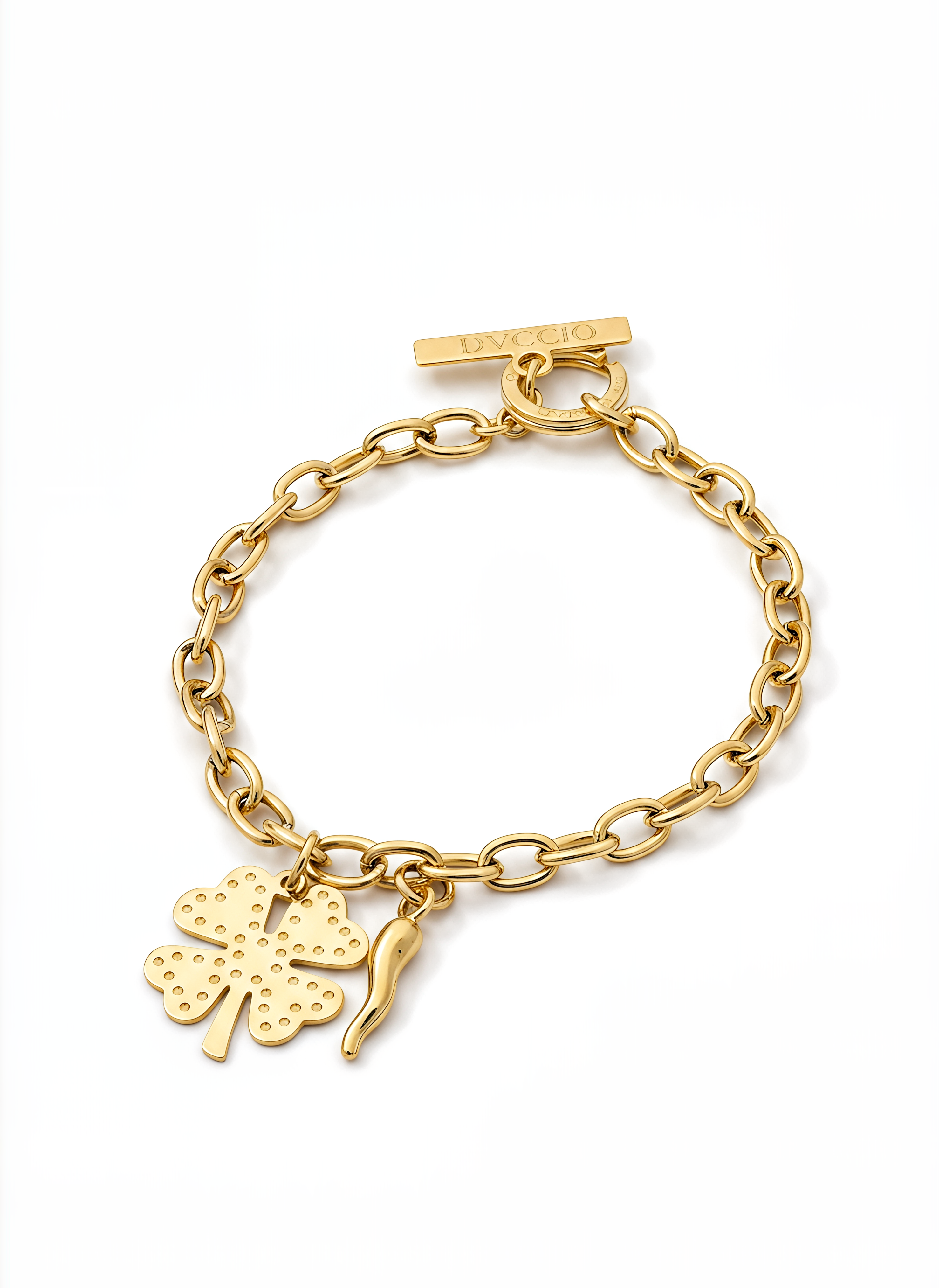 Bracciale a Catena Rolò con Charm Quadrifoglio e Cornetto Frida Argento 925 Placcata Oro 24KT