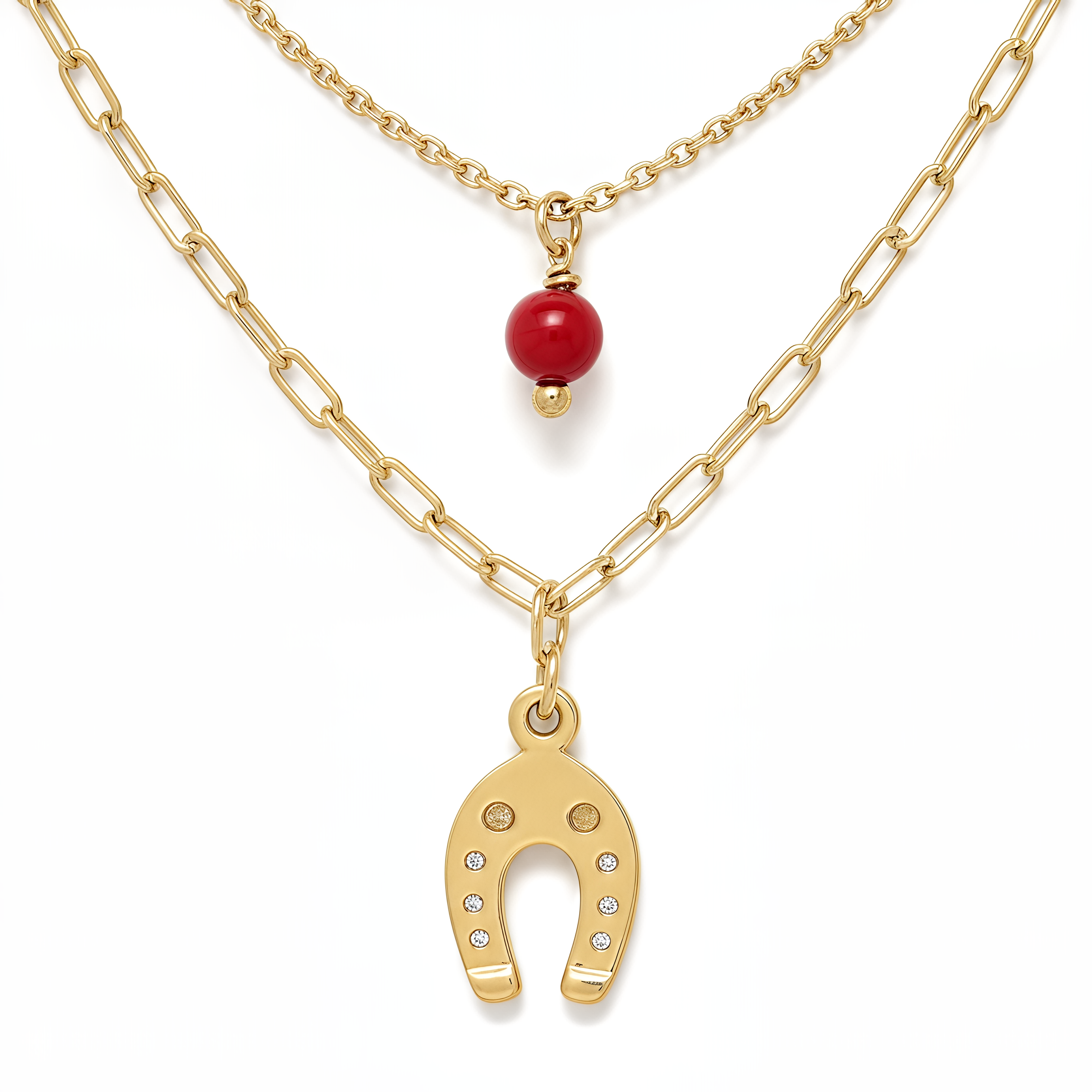 Cherie Lucky Red Necklace in 925 Silver with 24KT Gold Plated Horseshoe and Red Stone