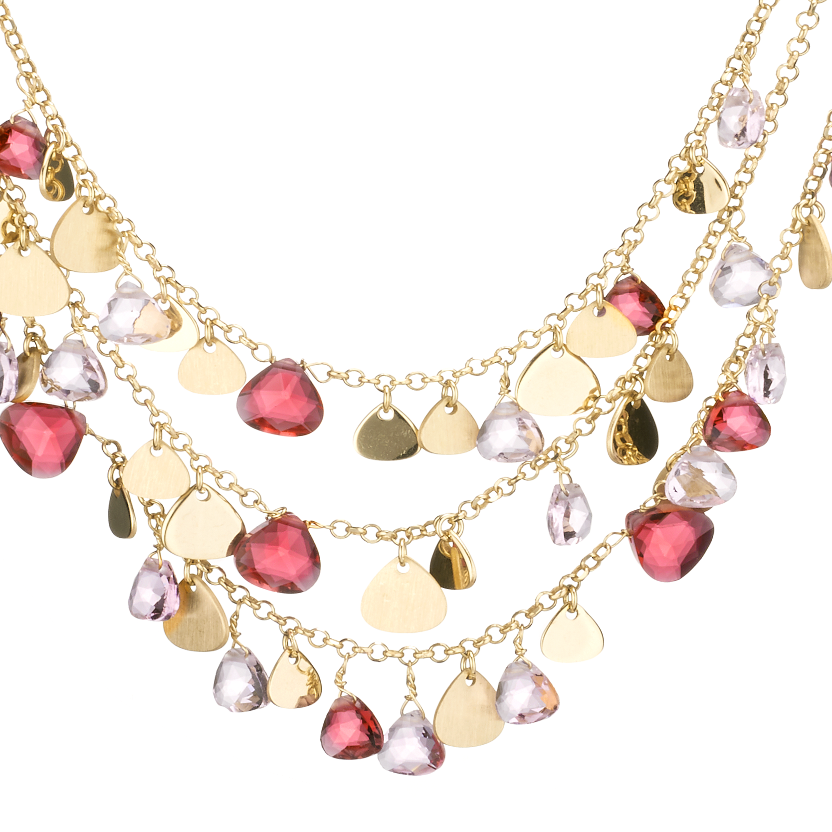 Capri Necklace 3 Strands 925 Silver Plated 24KT Gold Natural Crystals