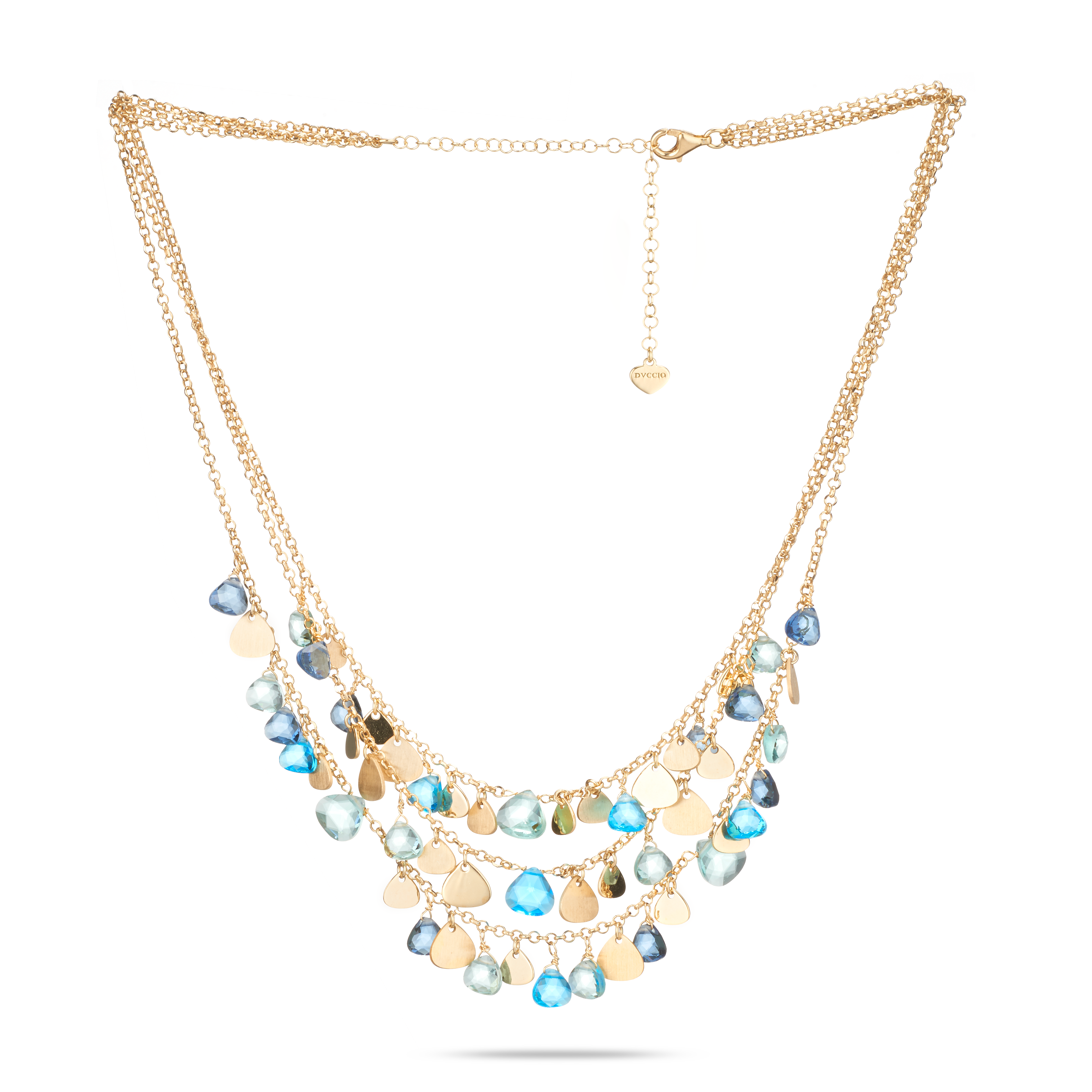 Capri Necklace 3 Strands 925 Silver 24KT Gold Plated Blue Topaz