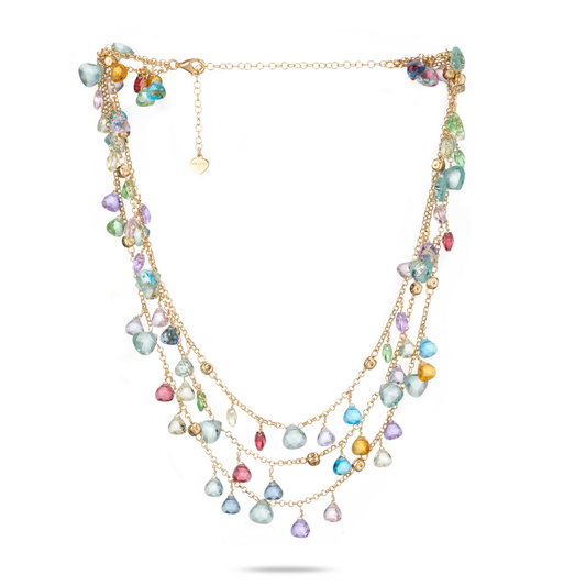 Collana Positano a tre fili in Argento 925 Laminato Oro 24KT, con cristalli naturali a goccia taglio diamante