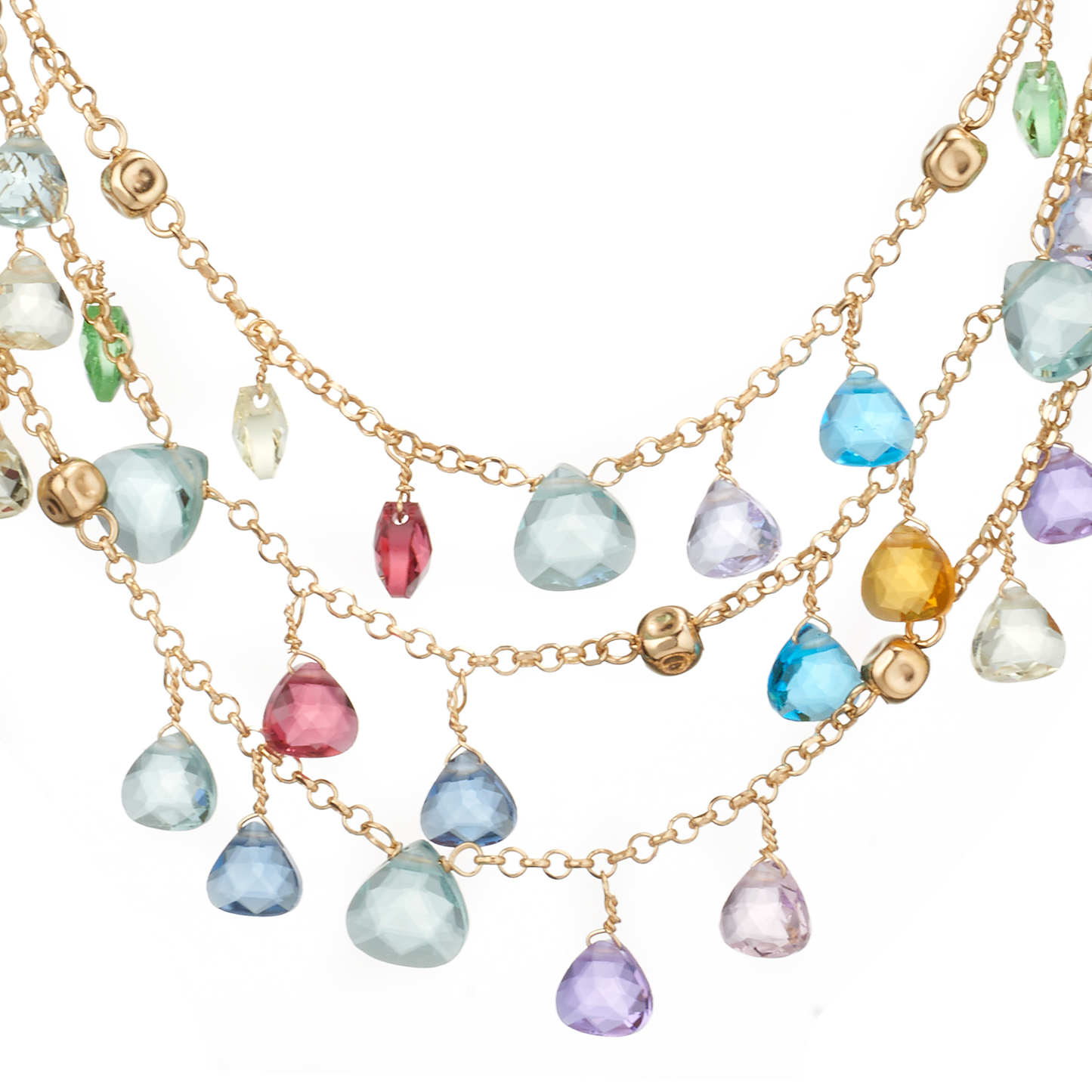 Collana Positano a tre fili in Argento 925 Laminato Oro 24KT, con cristalli naturali a goccia taglio diamante