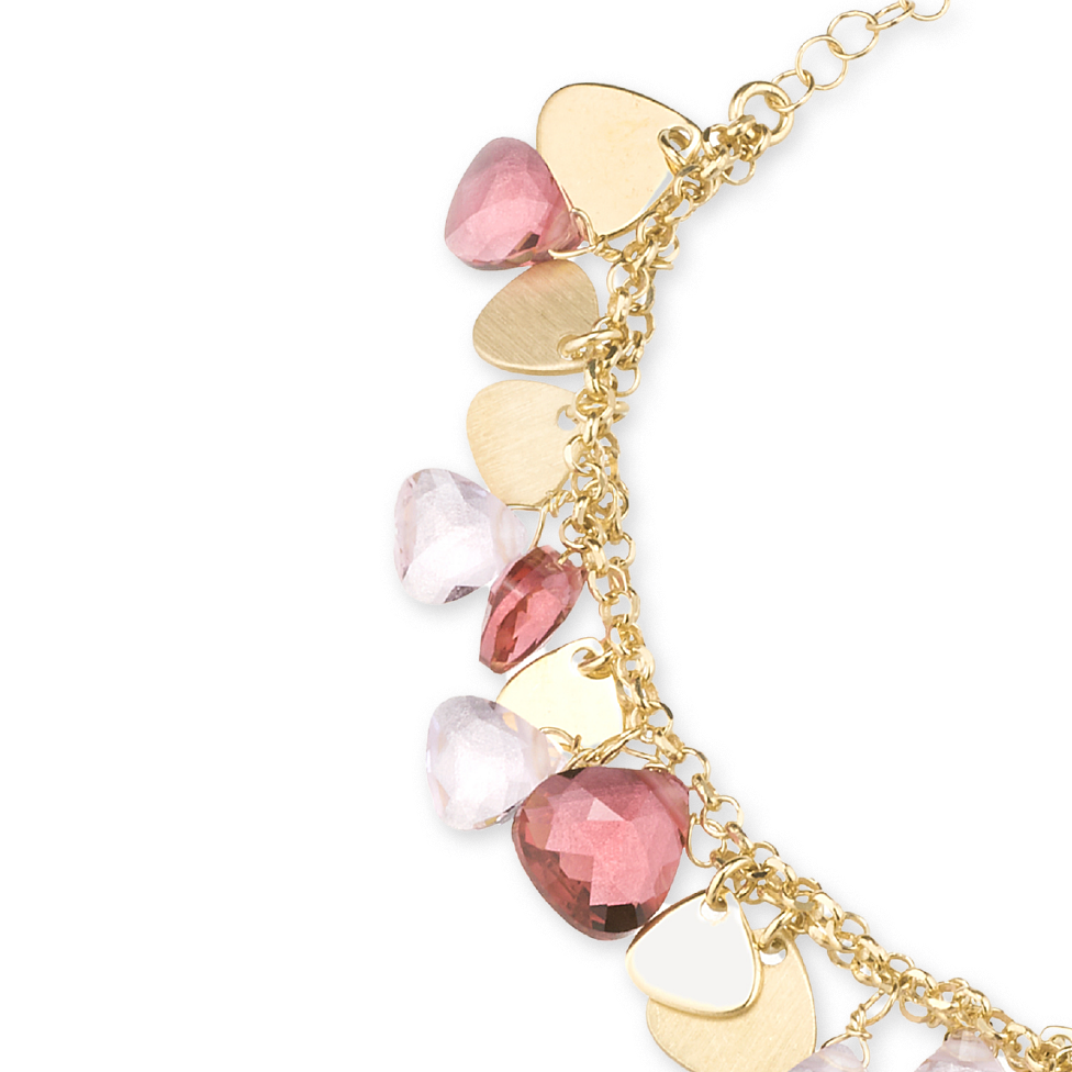 Bracciale a due fili in Argento 925 Laminato in Oro Puro 24kt con cristalli naturali e inserti in Argento a goccia