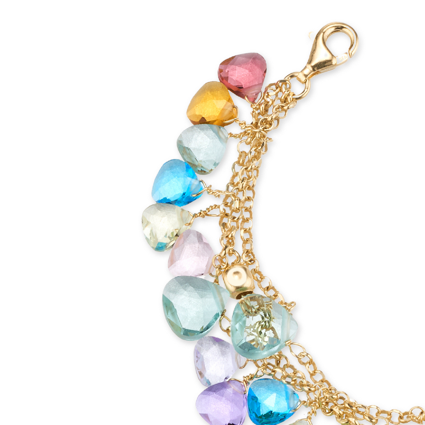 Bracciale a Due Fili in Argento 925 Laminato Oro 24KT, con cristalli naturali a goccia taglio diamante