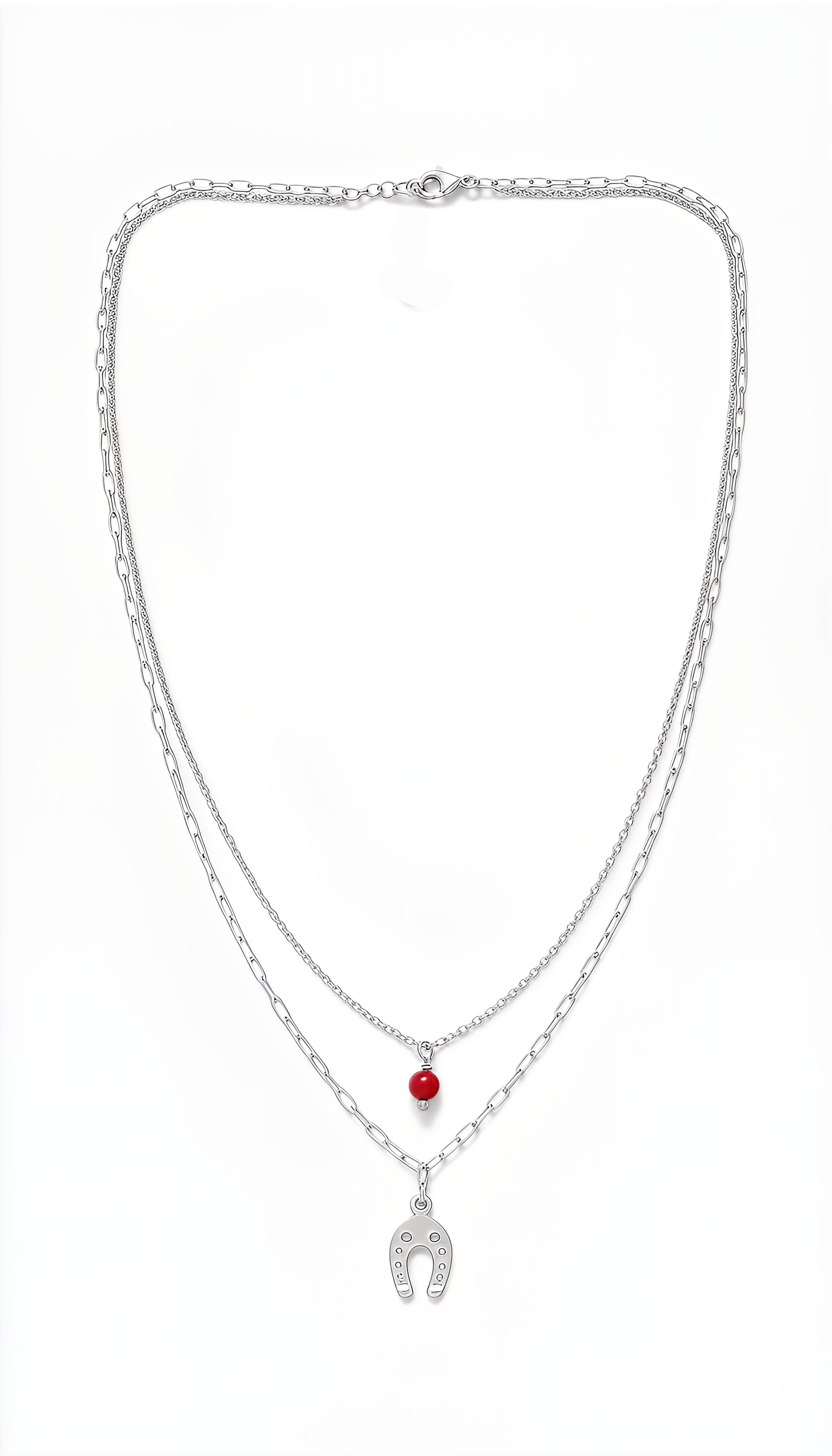 Collana Cherie Lucky Red in Argento 925 Laminata Oro 24KT con Ferro di Cavallo e Pietra Rossa