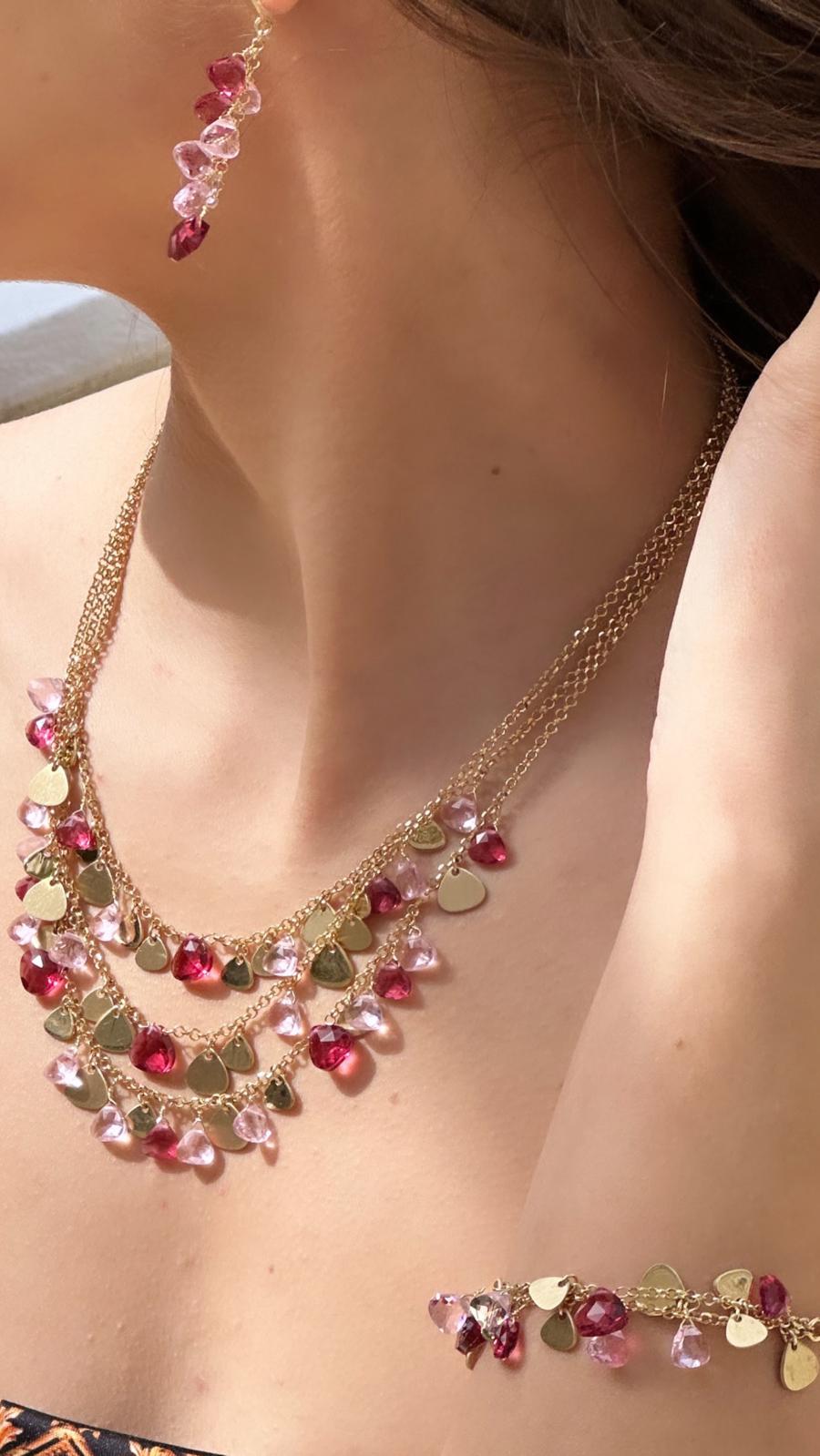 Capri Necklace 3 Strands 925 Silver Plated 24KT Gold Natural Crystals