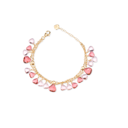 Bracciale Capri in argento 925 laminato in oro puro 24KT con cristalli naturali quarzo rosa e rubino rosso chiaro

