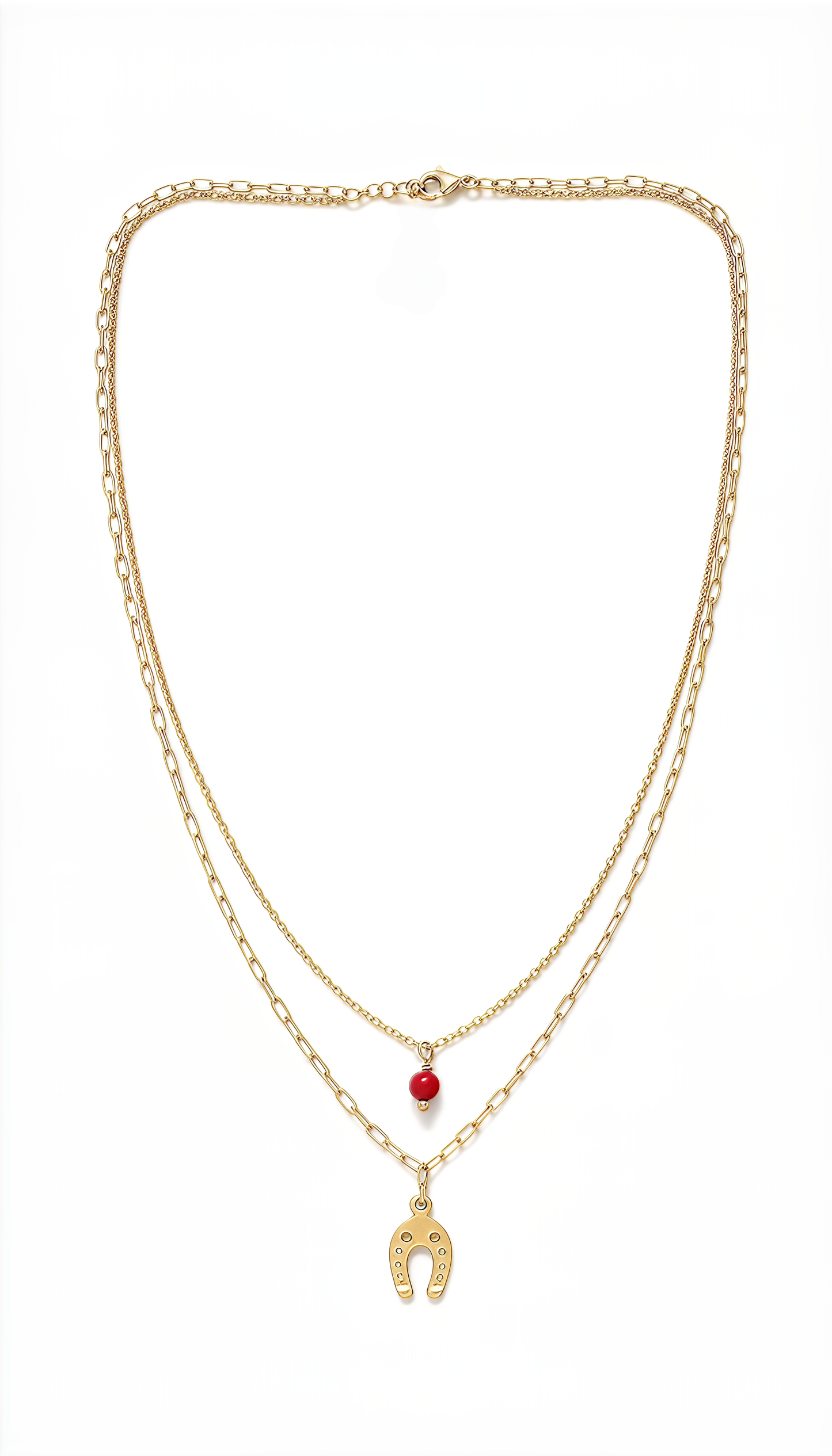 Collana Cherie Lucky Red in Argento 925 Laminata Oro 24KT con Ferro di Cavallo e Pietra Rossa