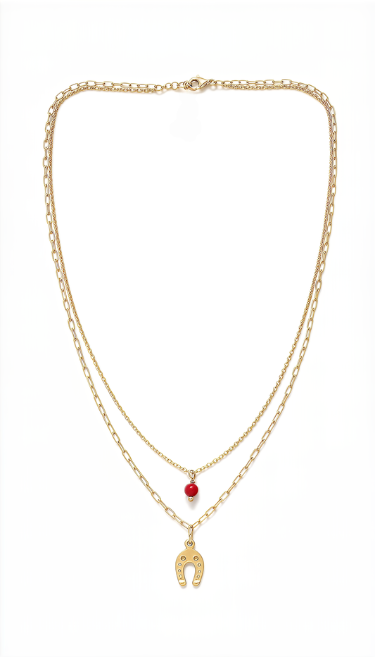 Collana Cherie Lucky Red in Argento 925 Laminata Oro 24KT con Ferro di Cavallo e Pietra Rossa